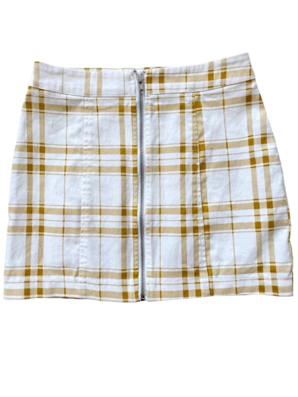 H&M PLAID MICRO MINI SKIRT YELLOW WHITE ZIP FRONT SIZE SMALL DENIM